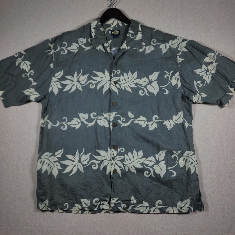 Tommy Bahama 100% Linen Floral Vine Button Down Shirt Mens XL Grey Hawaiian